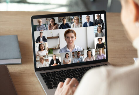 Back,View,Of,Female,Employee,Talk,On,Video,Call,On